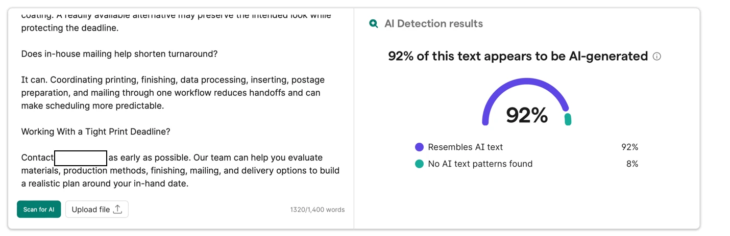 AI detection tool showing web copy scoring 92% likely AI-generated